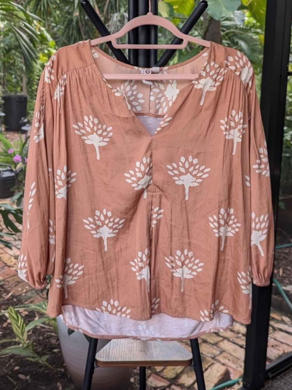 Anthropologie Tree Print Peasant Blouse Brown White Boho Balloon Sleeve Top